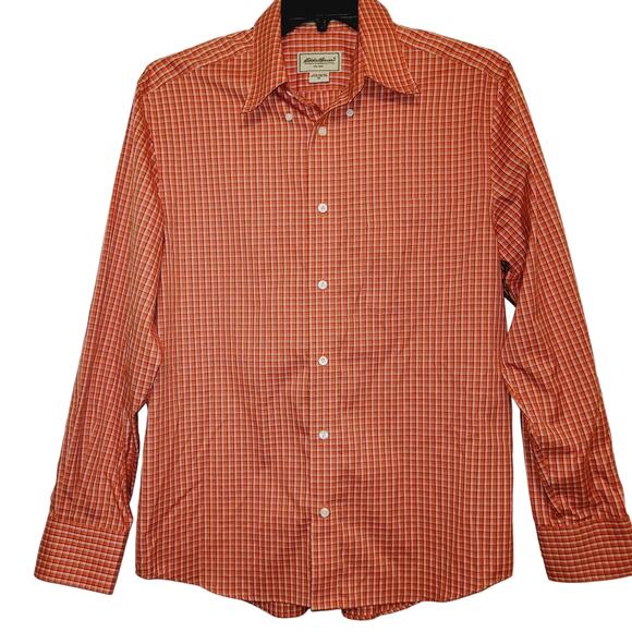 Eddie Bauer Mens Orange Check Print Long Sleeved Button Down Shirt Size Medium - Picture 1 of 3